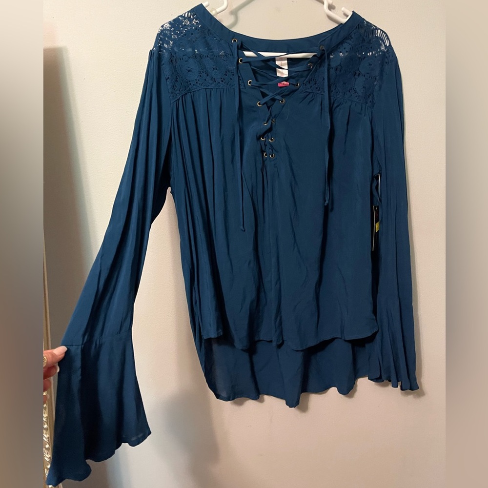 Navy Long Sleeve Blouse with Flare Sleeves